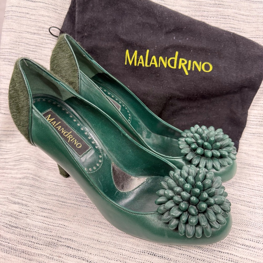 Vintage Malandrino Green Leather Calf Hair Blossom Statement Heels Pumps 8.5